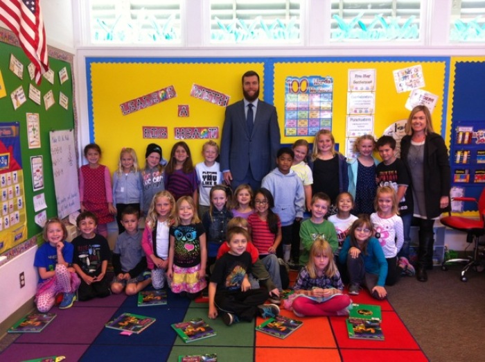 Ryan Lindley serving as principal for a day at his former elementary school in Alpine, California, in an Athletes for Charity initiative.