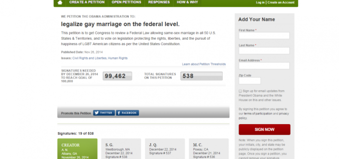 A screengrab of the 'We the People' petition calling for the legalization of gay marriage nationwide. The petition failed to get enough signatures to receive an official response from the Obama administration.