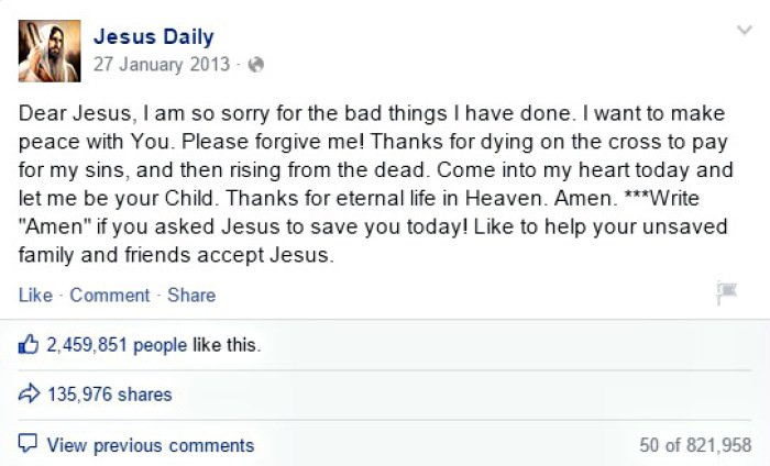 A salvation prayer appears on the Jesus Daily Facebook page, retrieved Jan. 1, 2015.