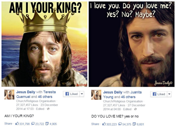 These two images were published on Dec. 23, 2014, and Dec. 27, 2014, on the Jesus Daily Facebook page founded by Dr. Aaron Tabor.