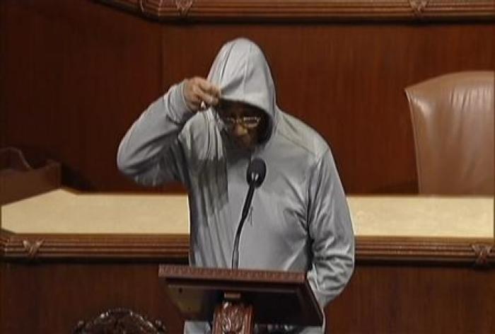 In this still image taken from video, U.S. Representative Bobby Rush, a prominent civil rights activist during the 1960s, pulls on the hood of a gray sweatshirt, known as a hoodie during a floor speech in the House of Representatives in Washington March 29, 2012.