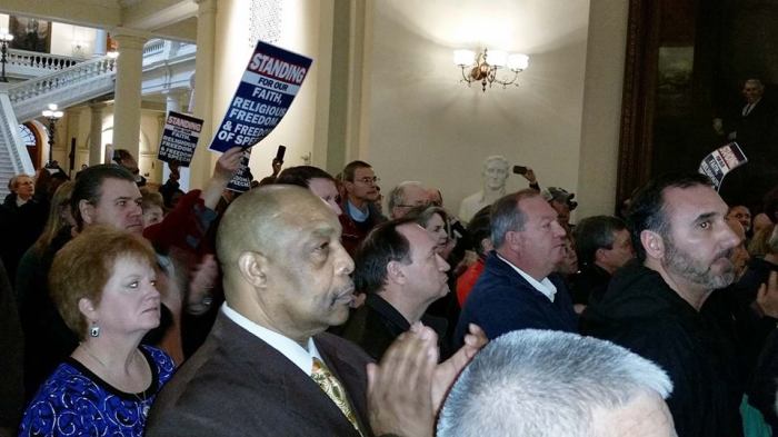 Hundreds of religious freedom advocates gathered on Jan. 13 2015 for the 'Standing for our Faith Rally' in the Georgia State Capitol rotunda in a show of support for ousted Atlanta Fire Chief Kelvin Cochran who was fired on Jan. 6 for espousing his Christian beliefs in a self-published book and distributing copies in the workplace.