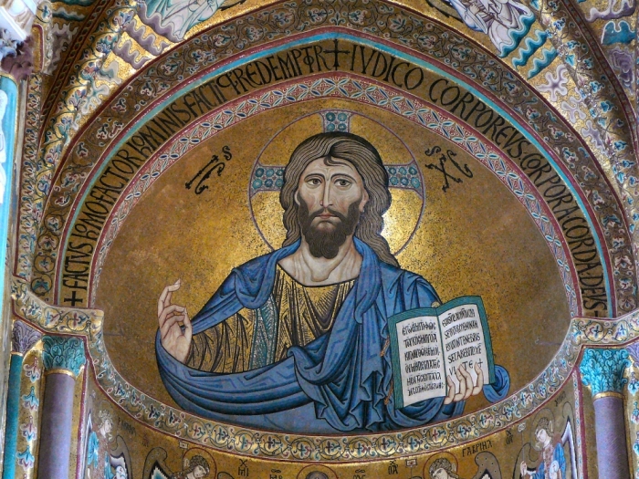 Christ Pantocrator mosaic in Byzantine style from the Cefalù Cathedral, Sicily.