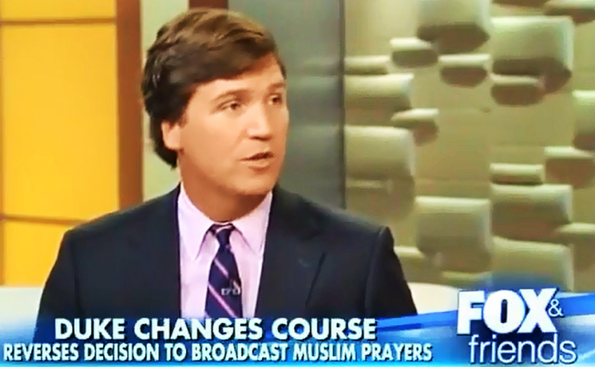 Host Tucker Carlson speaking about Duke University on Fox News show "Fox & Friends."