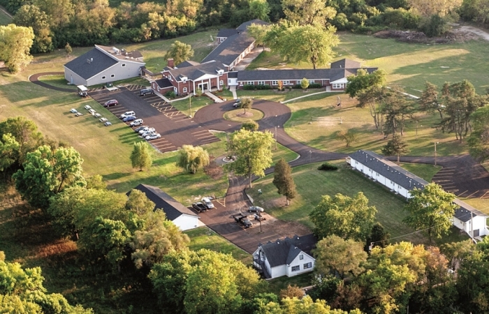 An aerial view of the campus of Dayspring Bible College & Seminary of Mundelein, Illinois.
