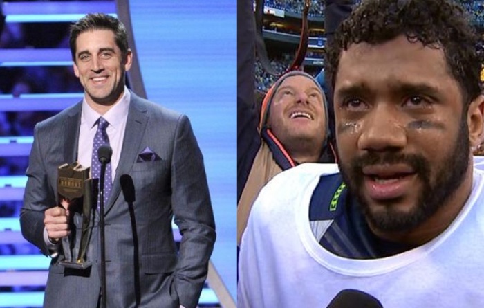 Green Bay Packers quarterback, Aaron Rodgers (l) and Seattle Seahawks quarterback, Russell Wilson (r).