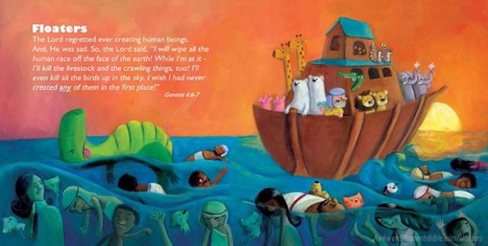 The Awkward Moments Children's Bible contrasts some of the Bible's most controversial, strange, and violent verses alongside cheerfully jarring and dramatic pictures.