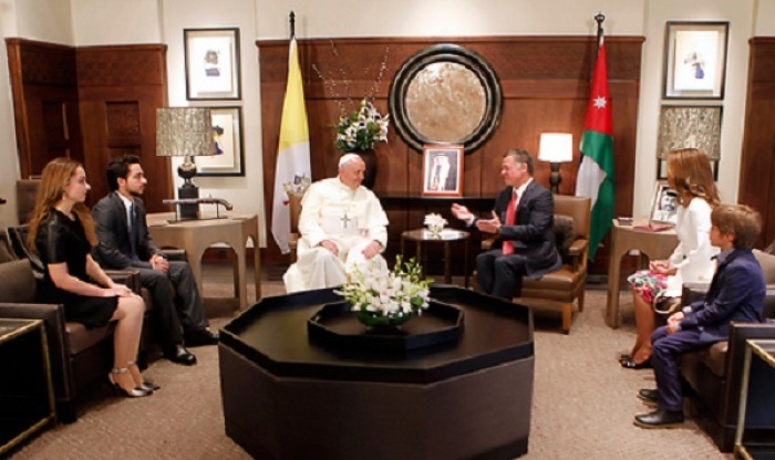 Pope Francis meets with Jordan's King Abdullah II and the royal family in May, 2014.