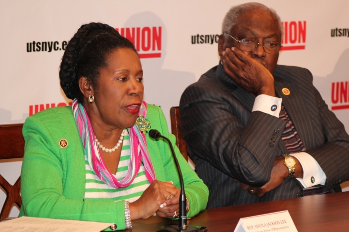 Rep. Sheila Jackson Lee, D-Texas, (left), flanked by Rep. Jim Clyburn (right), speaks at the first-ever Congressional Faith Orientation hosted by the Union Theological Seminary on Capitol Hill on Jan. 27, 2015.