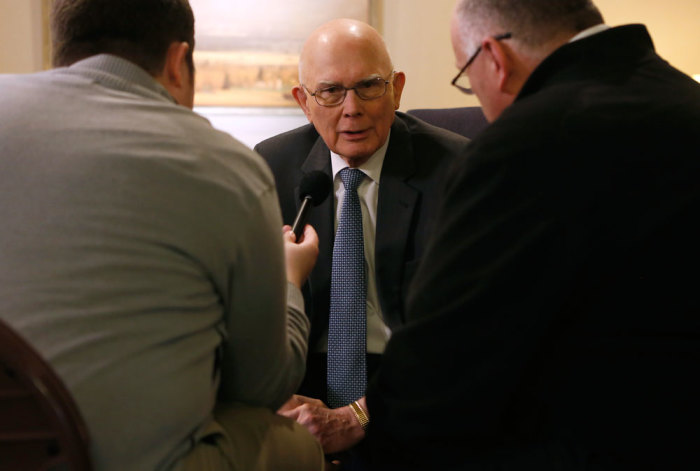 Dallin H Oaks, an elder in The Church of Jesus Christ of Latter-Day Saints, speaks to the media after a rare press conference in Salt Lake City, Utah January 27, 2015. The Church announced it supports the passage of laws protecting the LGBT community from discrimination, as long as they also protect religious freedom.