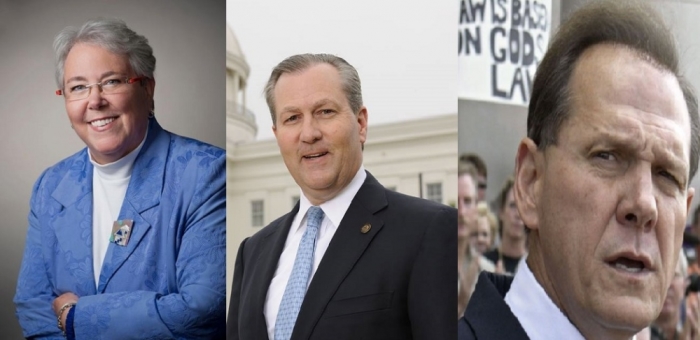 Alabama's first openly gay state legislator, Patricia Todd, D-Birmingham (l), Alabama House Speaker, Mike Hubbard, R-Auburn (c) and Alabama Supreme Court Chief Justice, Roy Moore (r).