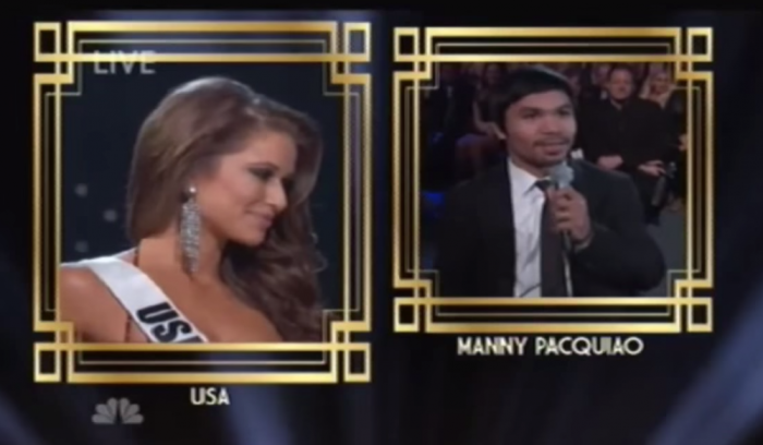Manny Pacquiao Asks Miss America what she would say to global terrorists at the 2015 Miss Universe Pageant on Jan. 25, 2015.