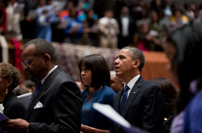 President Barack Obama and first lady Michelle Obama attend a church service at Metropolitan African Methodist Episcopal Church in Washington, D.C., on Jan. 20, 2013.