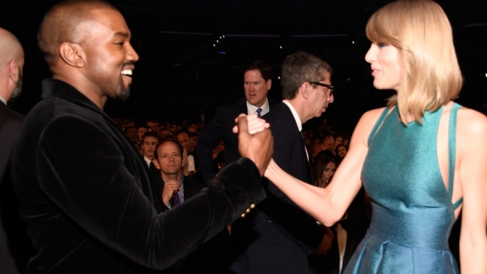 Taylor Swift and Kanye West make up at the Grammys six years after the infamous mic grabbing incident at the VMAs.