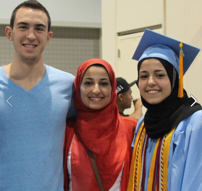 (L-R) Deah Shaddy Barakat, 23, and Yusor Mohammad, 21, and her sister, Razan Mohammad Abu-Salha, 19