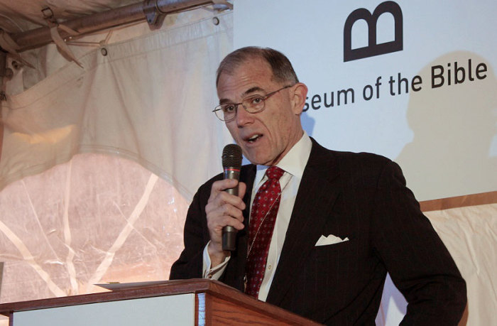 Cary Summers, president of the Museum of the Bible, gives remarks at the construction site on Thursday, February 12, 2015.