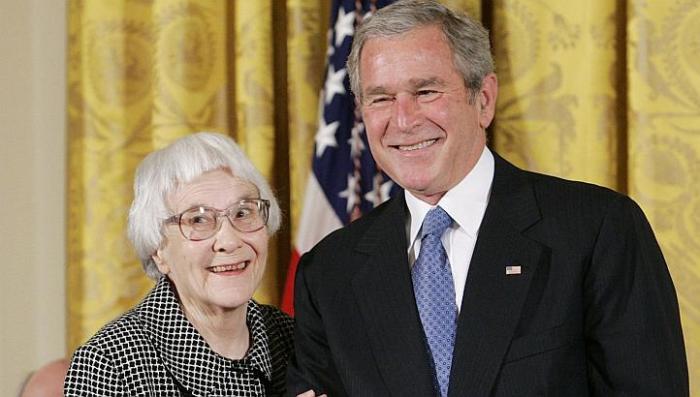 Then US president George W. Bush stands with American novelist Harper Lee at the White House on Nov 5, 2007, before awarding her the Presidential Medal of Freedom.