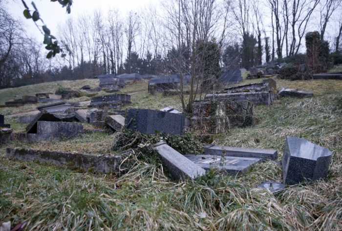 Desecrated tombstones are seen at the Sarre-Union Jewish cemetery, eastern France, February 16, 2015. Several hundred Jewish tombs have been damaged in a cemetery near the northeastern French city of Strasbourg, the French interior minister said on Sunday.