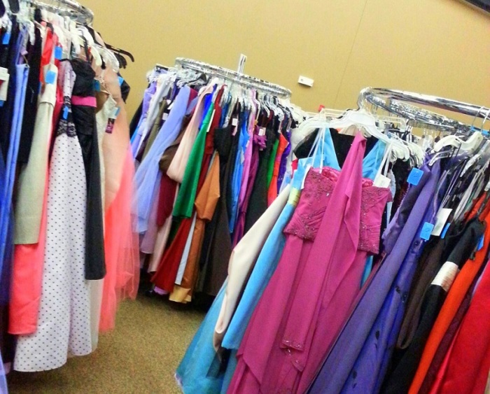 Racks of dresses for the annual free prom boutique at Woods Chapel United Methodist Church, located in Lee's Summit, Missouri.