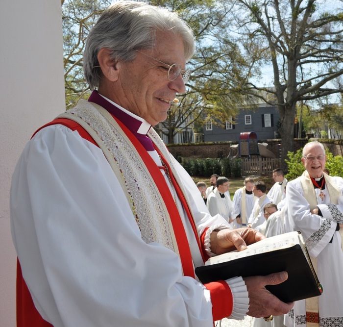 The Reverend Mark Lawrence, bishop of the Protestant Episcopal Diocese of South Carolina, on the steps of Cathedral of St. Luke and St. Paul in Charleston, South Carolina, in April of 2014.