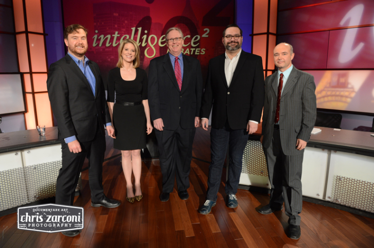 Intelligence Squared debate, 'Liberals are Stifling Intellectual Diversity on Campus,' at George Washington University, Washington, DC, Feb. 24, 2015. (L to R) Greg Lukianoff, Kirsten Powers, John Donvan, Angus Johnston, Jeremy Mayer.