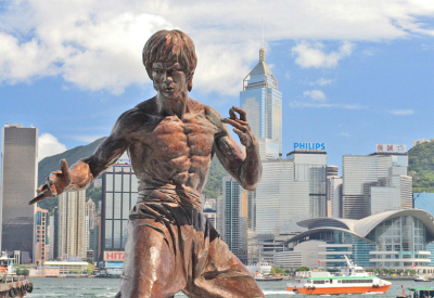 The statue of the movie star Bruce Lee on the Avenue of Stars in Hong Kong