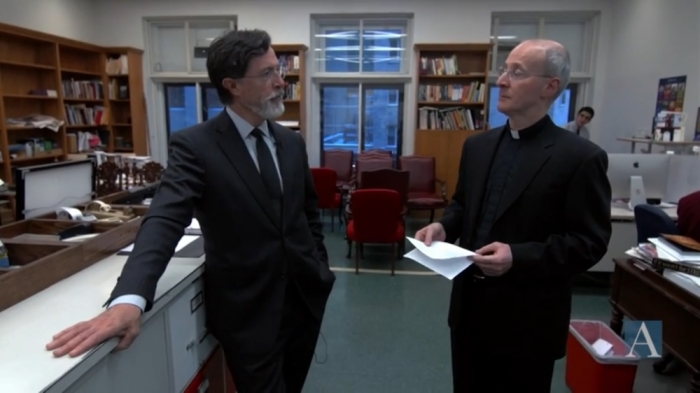 Stephen Colbert (L) and Fr. James Martin (R) talk during an interview posted by America magazine on March 2, 2015.