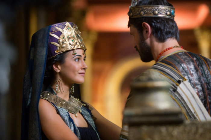 Eoin Macken (R), as Antipas, and Emmanuelle Chriqui as his wife, Herodia, in National Geographic Channel's 'Killing Jesus.'??