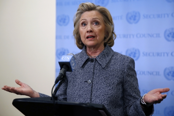 Former United States Secretary of State Hillary Clinton speaks during a news conference at the United Nations headquarters in New York March 10, 2015.