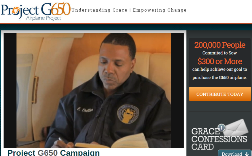 A screen shot of the website appealing to supporters of Creflo Dollar's World Changers International church to help him purchase a million airplane.
