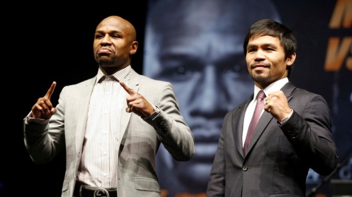 Boxing icons Floyd Mayweathe Jr. and Manny Pacquiao present during the press conference for 'the biggest fight in boxing history' held in downtown Las Vegas.