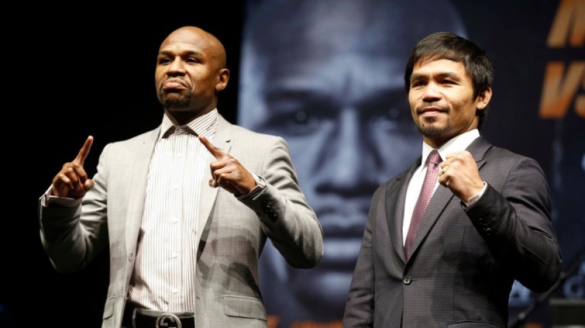 Boxing icons Floyd Mayweathe Jr. and Manny Pacquiao present during the press conference for "the biggest fight in boxing history" held in downtown Las Vegas.