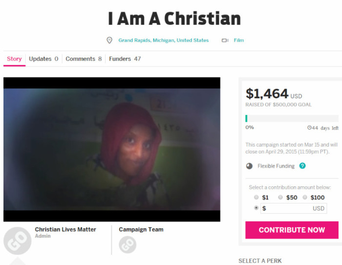 The Indiegogo crowdfunding campaign page for the film project, 'I Am a Christian.'