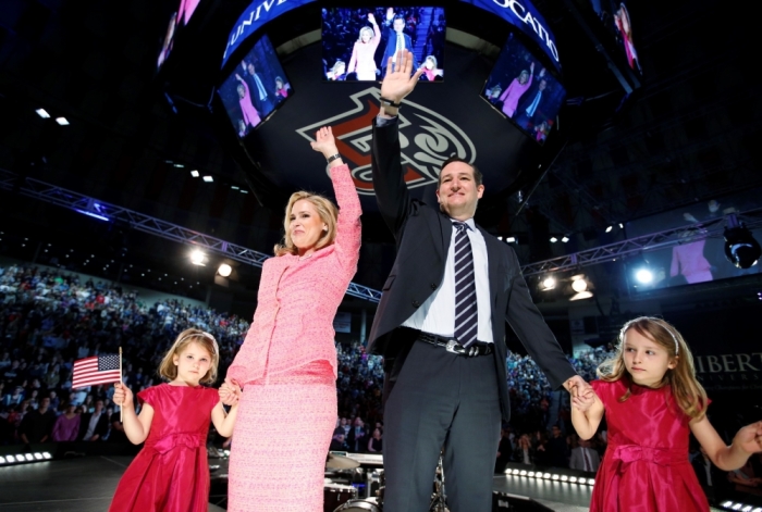 U.S. Senator Ted Cruz, R-Texas, stands on stage with his wife Heidi and their daughters Catherine and Caroline, as he announces his candidacy for the president at Liberty College in Lynchburg, Virginia, March 23, 2015. Cruz, a conservative firebrand who frequently clashes with leaders of his Republican Party, became the first major figure from either party to jump into the 2016 presidential election race on Monday.