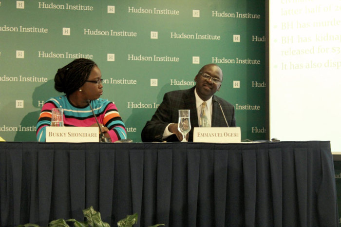 Nigerian human rights lawyer Emmanuel Ogebe (right) explains the implications that the merger between ISIS and Boko Haram will have in West Africa during a discussion at the Hudson Institute in Washington D.C. on March 23, 2015.