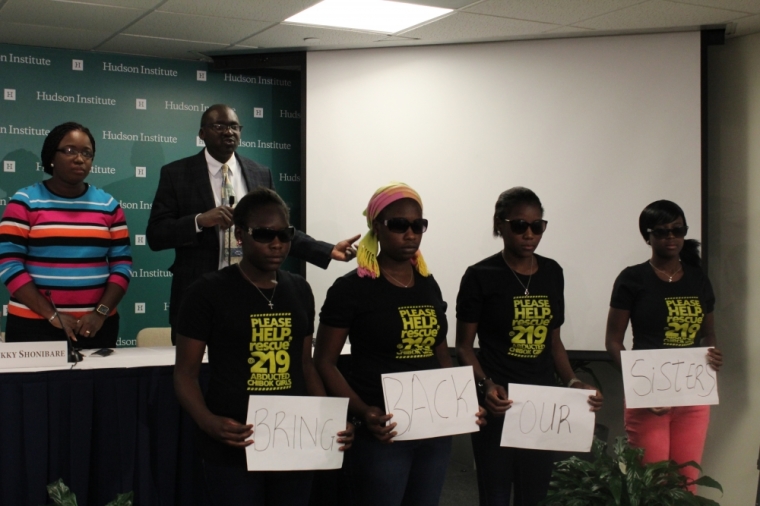 Four Chibok girls, who were kidnapped by Boko Haram in April 2014 and later escaped, acting as silent witnesses during a Hudson Institute discussion on Boko Haram in Washington D.C. on March 23, 2015.