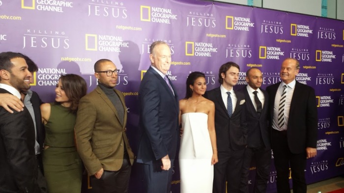 Bill O'Reilly poses with the cast of 'Killing Jesus,' including Haaz Sleiman, at the New York City premiere event on March 23, 2015.