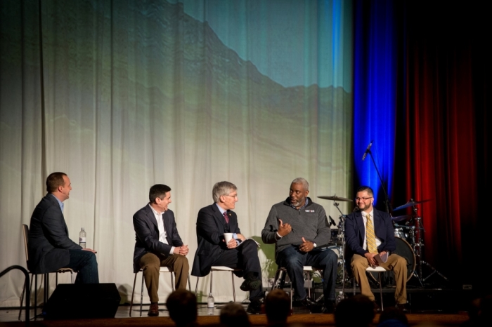 From Left: Phillip Bethancourt, Russell Moore, Robert P. George, Thabiti Anyabwile, and D.A. Horton during a panel on 'The State of Racial Reconciliation in America: Ferguson, Eric Gardner, and Your Community,' at the Ethics & Religious Liberty Commission's Leadership Summit in Nashville, Tennessee, on Thursday, March 26, 2015.