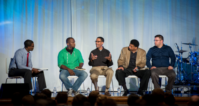 From Left: Walter Strickland, Dhati Lewis, Kevin Smith, Tony Evans, and Dean Inserra speak during a panel on 'Key Issues in Racial Reconciliation: Poverty, Fatherlessness, Criminal Justice, and Urban Ministry,' at the Ethics & Religious Liberty Commission's Leadership Summit in Nashville, Tennessee, on Thursday, March 26, 2015.