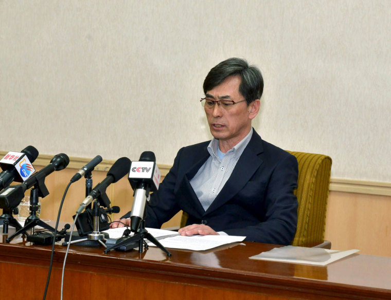 One of the two men whom North Korea identified as being South Korean and accused of being a spy for South Korea attends a news conference in Pyongyang, in this undated photo released by North Korea's Korean Central News Agency (KCNA) in Pyongyang March 26, 2015. North Korea said late on Thursday it had arrested two South Koreans based in the Chinese border city of Dandong, accusing them of spying for South Korea. The North's official KCNA news agency showed images of two middle-aged men it identified as Kim Kuk Gi and Choe Chun Gil speaking at a news conference in the North Korean capital, Pyongyang.