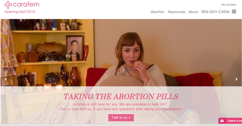 A screen grab of Carafem's website which promises to turn abortion for women into a 