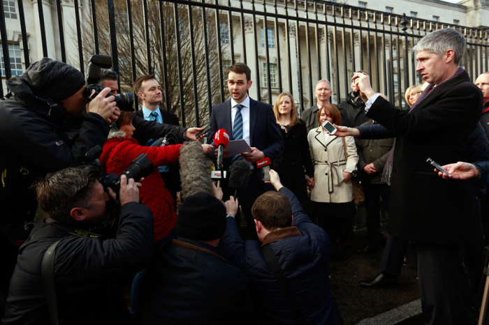Daniel McArthur (C) general manager of Ashers bakery involved in a 'gay cake' legal dispute speaks to the media outside Laganside court in Belfast. March 26, 2015. Ashers refused to make a cake bearing a pro-gay marriage slogan on it which was to be given to Andrew Muir, Northern Ireland's first openly gay mayor. The bakers refused to make the cake on the grounds that it contradicted their religious beliefs according to local media.