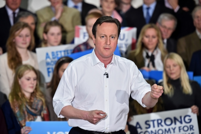 Britain's Prime Minister David Cameron gives a speech at an election rally at The Corsham School in Chippenham, south west England, March 30, 2015.