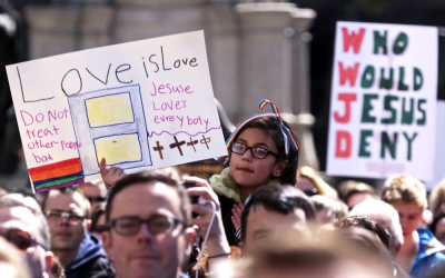 Demonstrators gather at Monument Circle to protest a controversial religious freedom bill recently signed by Governor Mike Pence during a rally in Indianapolis March 28, 2015. More than 2,000 people gathered at the Indiana State Capital Saturday to protest Indiana?s newly signed Religious Freedom Restoration Act saying it would promote discrimination against individuals based on sexual orientation.