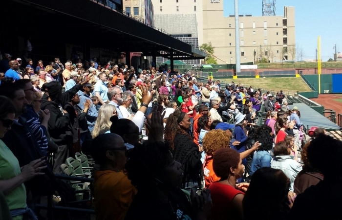 Crowds gather at the Memphis Exalts Jesus concert held at the AutoZone Park in Memphis, Tennessee, on Saturday, April 4, 2015.
