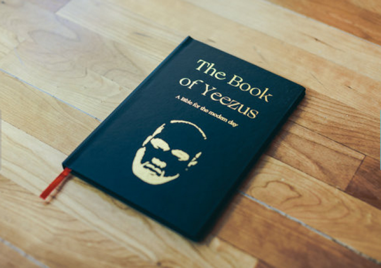 This is said to be a cover photo of 'Book Of Yeezus,' a novelty bible honoring rap artist, Kanye West.