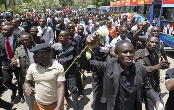 Kenyan university students participate in a demonstration against an attack by gunmen at the Garissa University College campus, along the streets of the capital Nairobi, April 7, 2015. The Kenyan air force has destroyed two al-Shabaab camps in Somalia, it said on Monday, in the first major military response since the Islamist group massacred students at the Garissa University College campus last week.