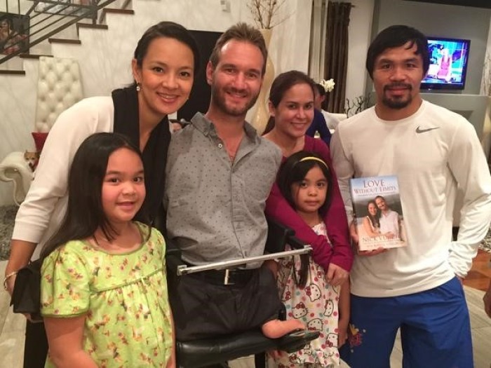 Nick Vujicic, a Christian motivational speaker known worldwide as the 'limbless evangelist,' has met with the family of Filipino boxing star Manny Pacquiao, who is also a vocal Christian. Vujicic said he is not taking sides ahead of the widely anticipated fight with five-division world champion Floyd Mayweather Jr., but said he will pray for Pacquiao's safety.