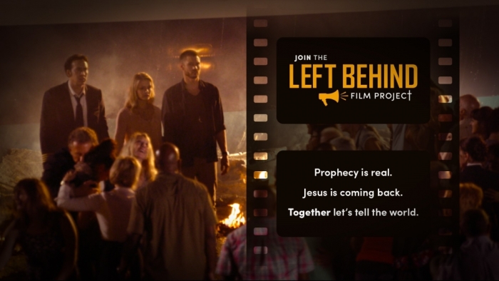 A screenshot from a video in an 'Indiegogo' campaign to fund a sequel to the 2014 film 'Left Behind' which features actors Nicholas Cage, Chad Michael Murray and Cassie Thomson.