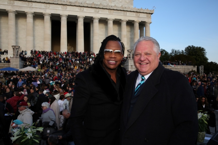 Pastor Amos Dodge (Capital Church) and Michael Tait (Newsboys) pose together after the 2015 Easter sunrise service at the Lincoln Memorial in Washington D.C. on Sunday, April 5, 2015.